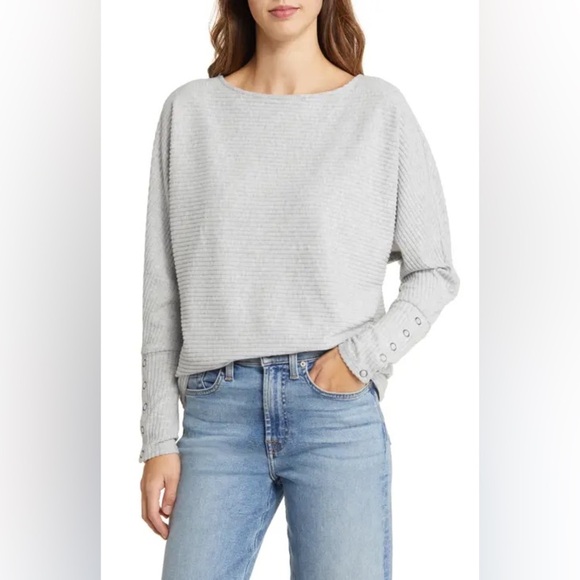 Caslon Nordstrom ribbed grey long sleeve sweater shirt size large button sleeve - Picture 1 of 10